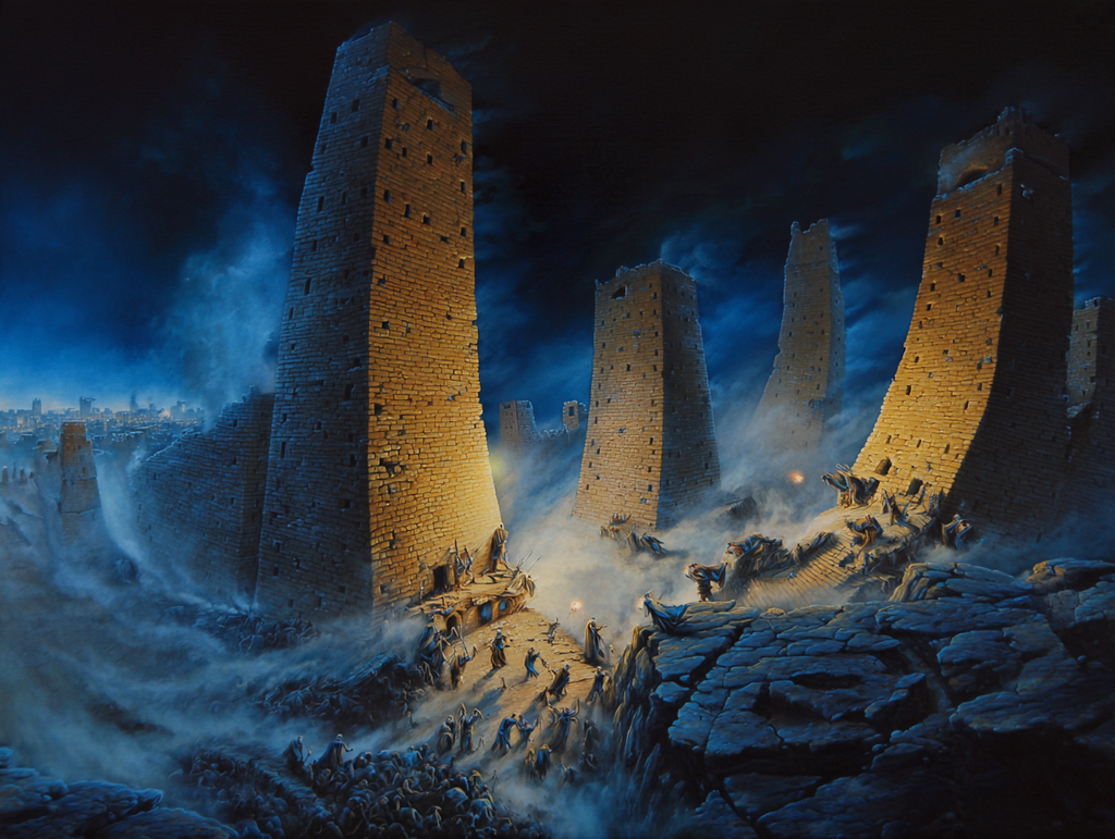 AI reconstruction of Ubar collapsing at night: tilting towers, cracked earth, torchlight and dust.