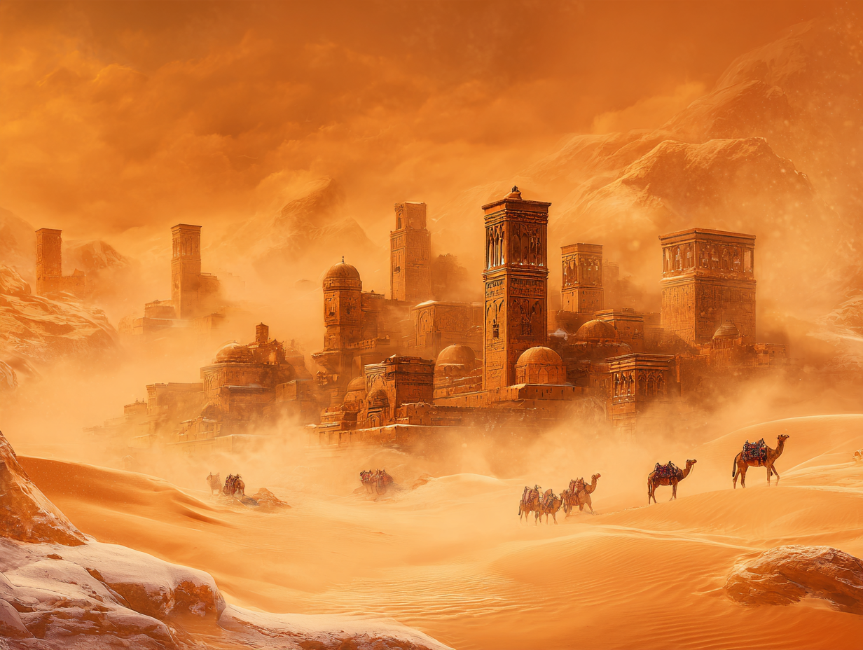 AI reconstruction of a Silk Road city half-buried in dunes, towers and a camel caravan in a sandstorm under an orange sky.