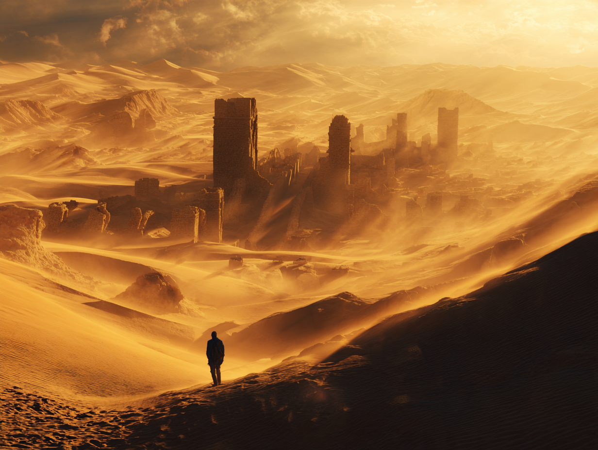 AI reconstruction of desert ruins at sunset, stone walls half-buried in dunes, a lone figure in the foreground.