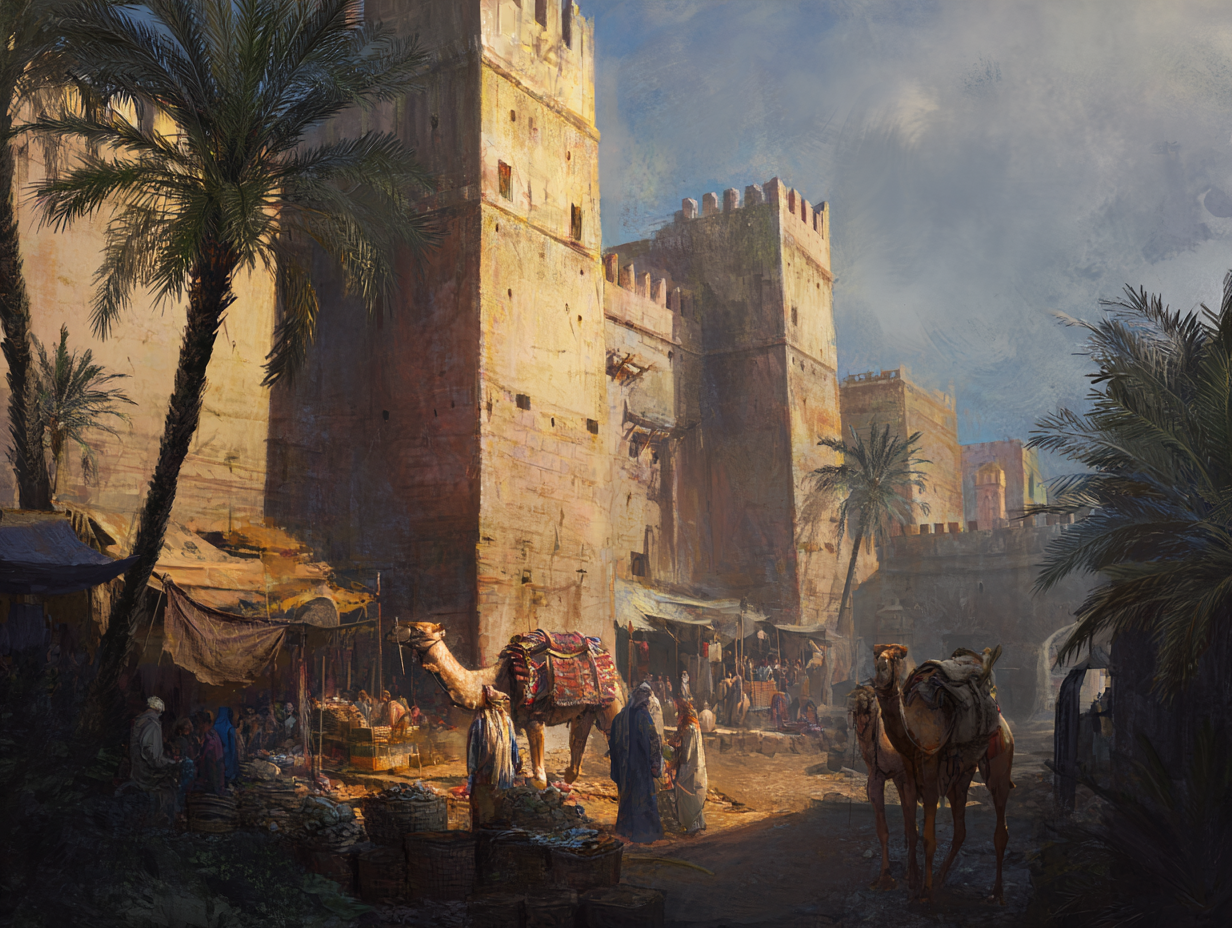 AI reconstruction of ancient Ubar at dusk: walled city and frankincense market as the ground splits beneath the walls.