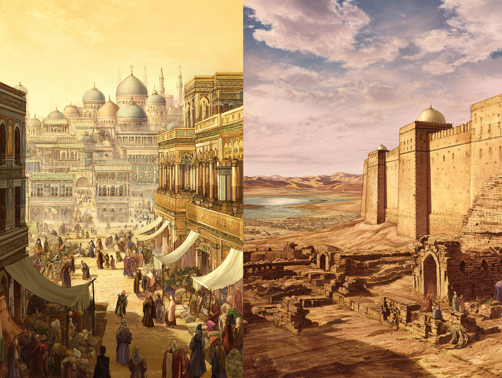 AI reconstruction, split view: a crowded Silk Road city on the left, the same streets as empty desert ruins on the right.