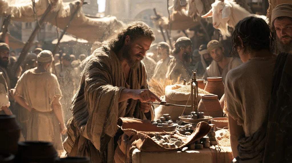 A merchant tips a balance beside a bag of weights in an imagined market, date unstated