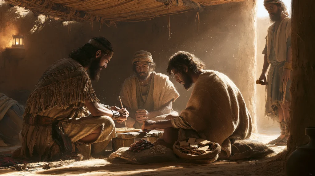 A scribe presses a clay tablet as two Judean farmers look on, about 570 BCE