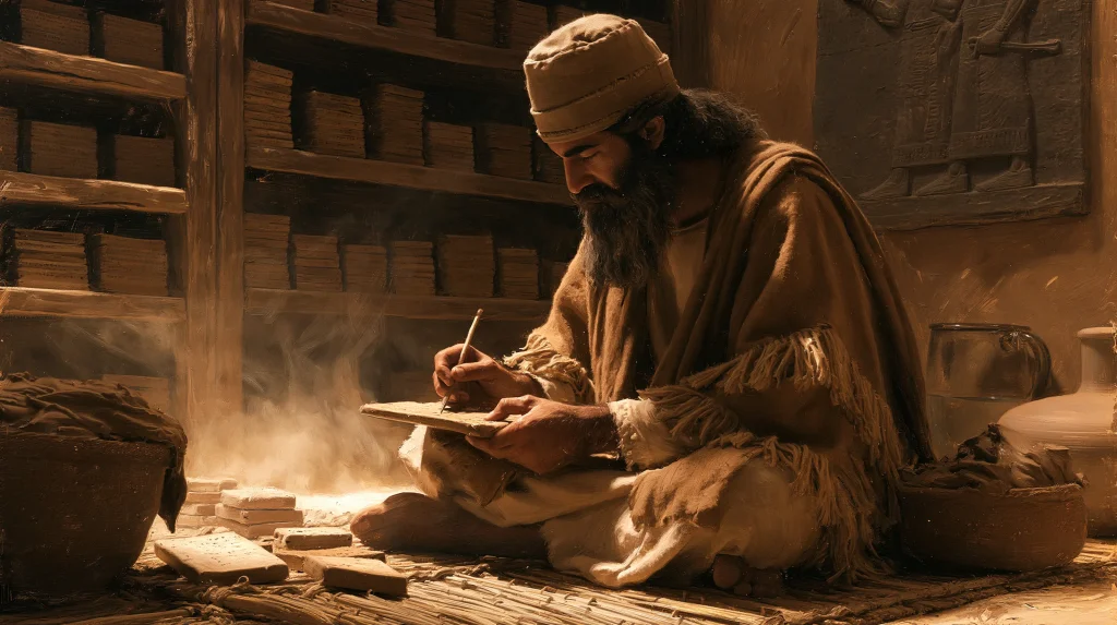 An Assyrian scribe marks a clay tablet by lamplight in a palace library, seventh century BCE