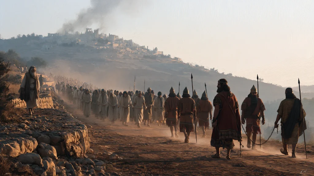 An officer frees a prophet from a column of captives at Ramah, 587 BCE