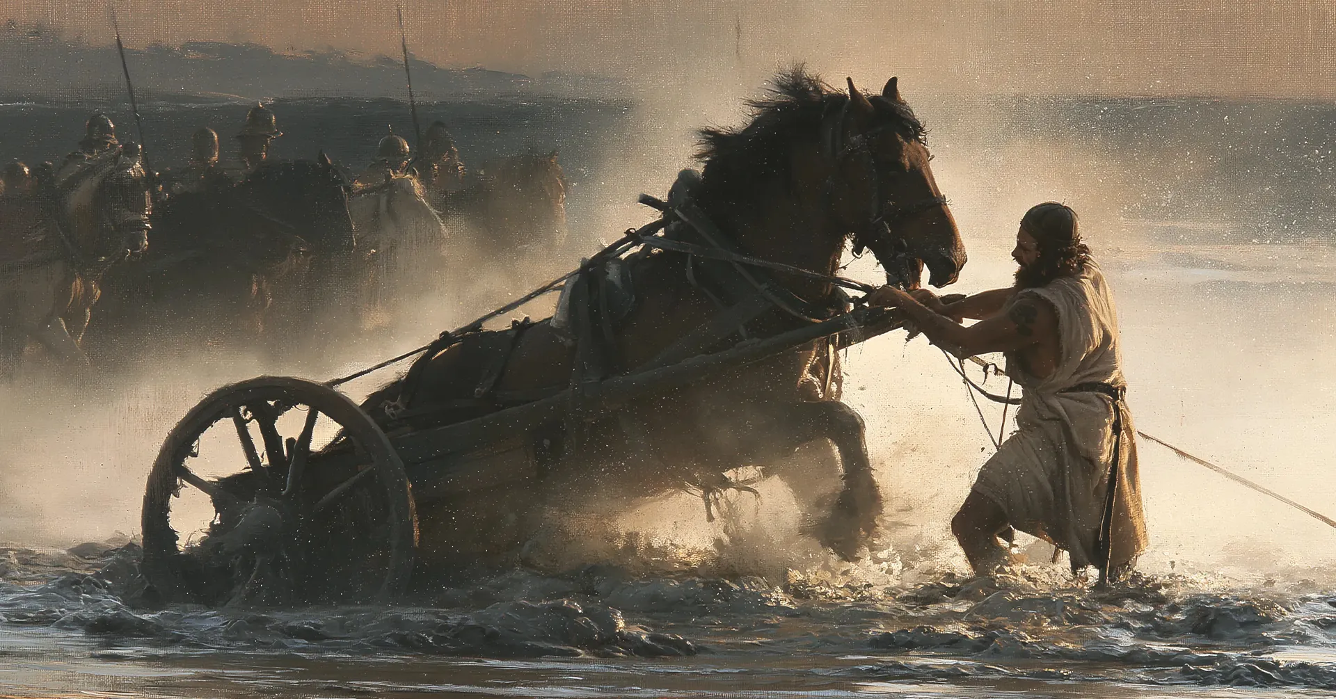 Egyptian war chariot sunk to its axle in wet mud as water rises, age of the Exodus, undated.