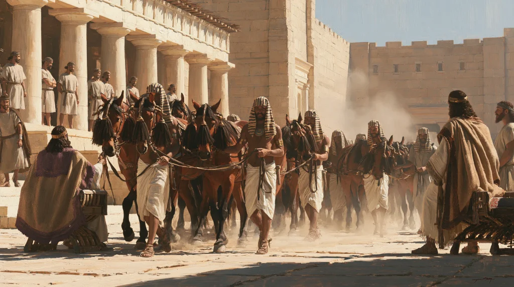 Egyptian envoys lead horses to a seated king of Judah, about 589 BCE