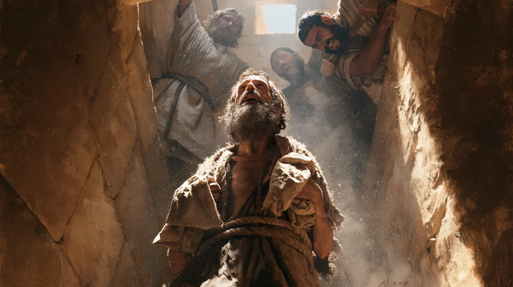 Men haul Jeremiah up from a mire-bottomed pit on rag-padded cords, 589 to 587 BCE