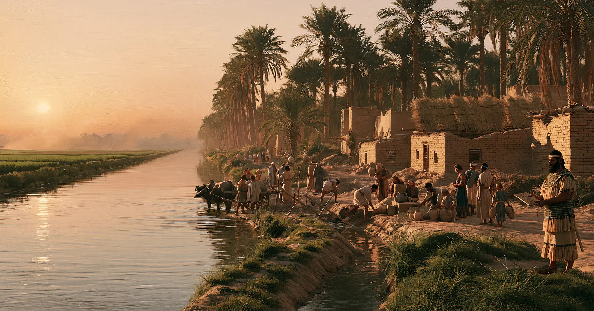 Judean families settle beside an irrigation canal under date palms, about 580 BCE