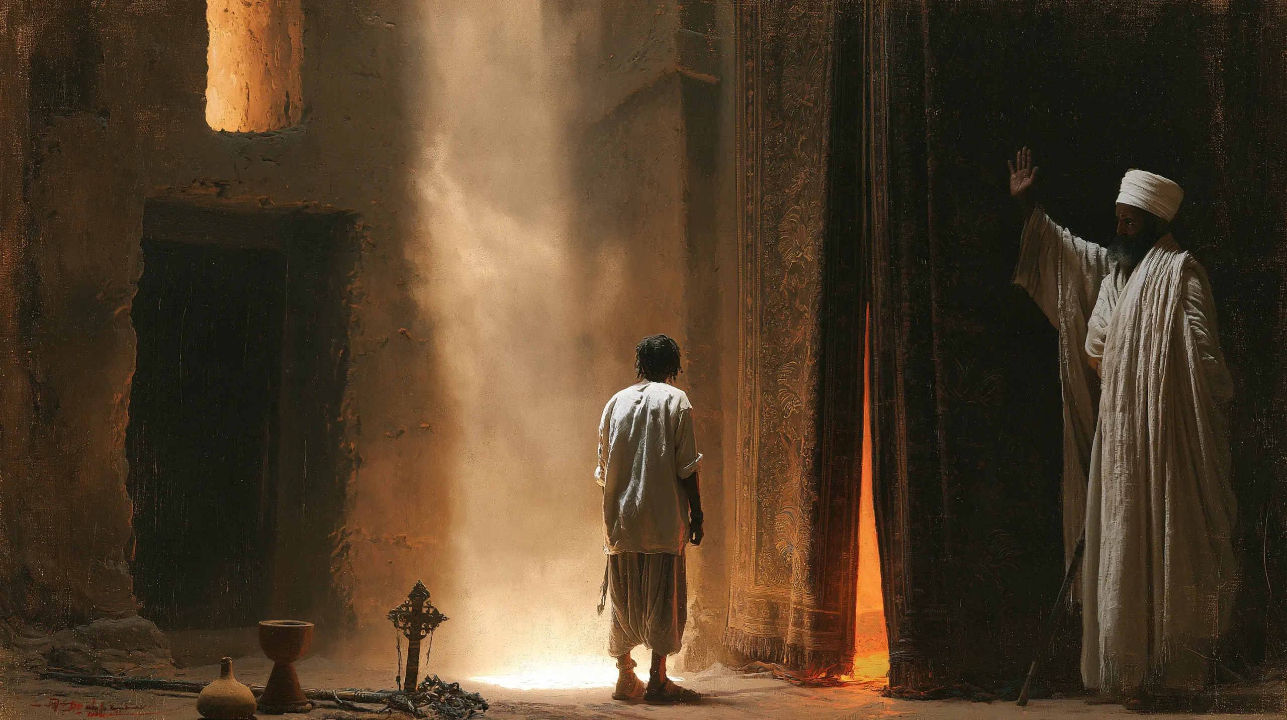 A traveller stops before an embroidered curtain as a priest raises a hand, present day