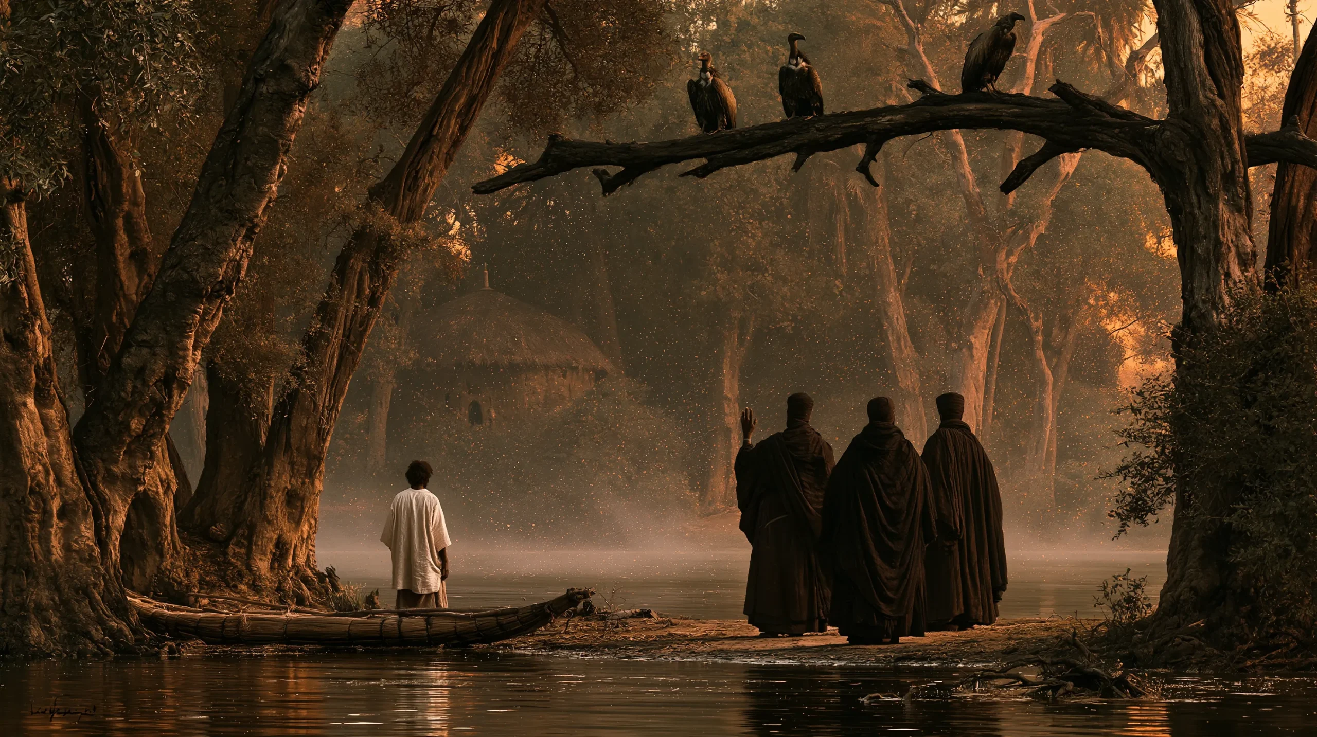 Three monks bar a forest path to a traveller beside his canoe, present day