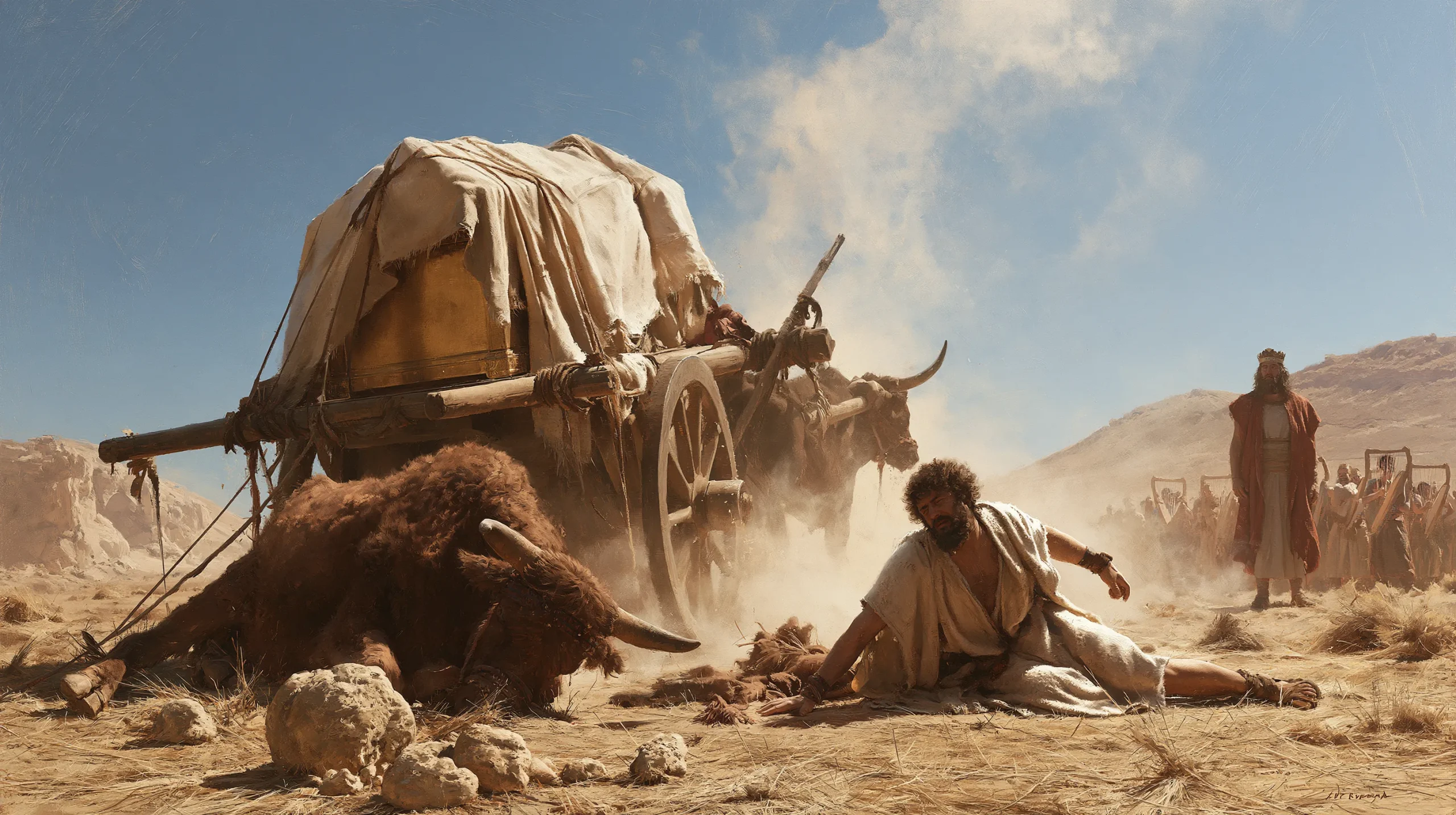 Uzzah lies beside the halted ox cart as David watches, around 1000 BCE
