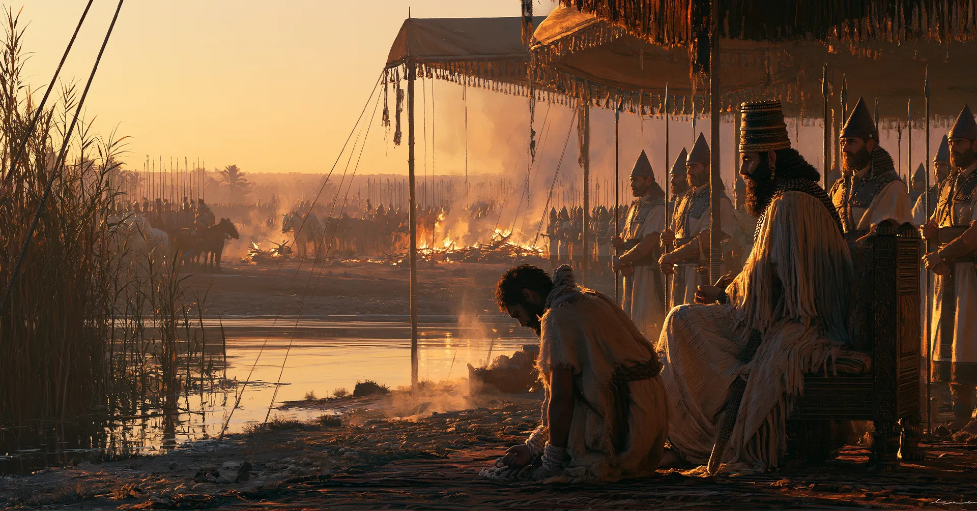 A bound king kneels before a seated Babylonian ruler in a camp pavilion, 587 BCE