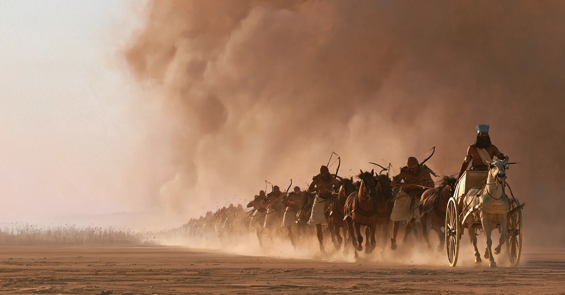 Pharaoh leading a vast column of Egyptian war chariots across a sandy plain, age of the Exodus, undated.