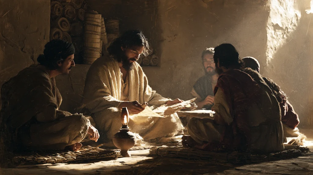 A reader unrolls a scroll for three listeners by lamplight, around 250 to 200 BCE