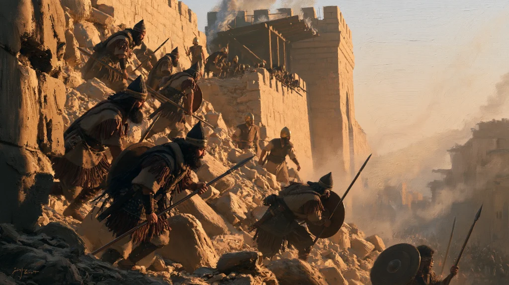 Babylonian soldiers climb a rubble slope through a breach in Jerusalem’s wall, 587 BCE
