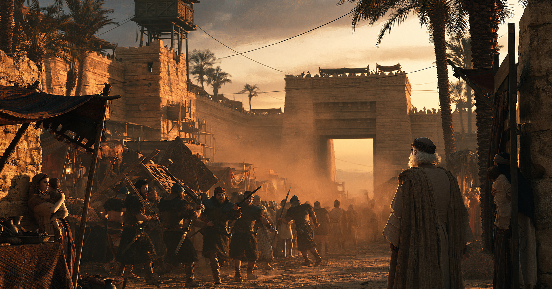 A white-bearded man watches a crowded lane inside an imagined walled city, date unstated