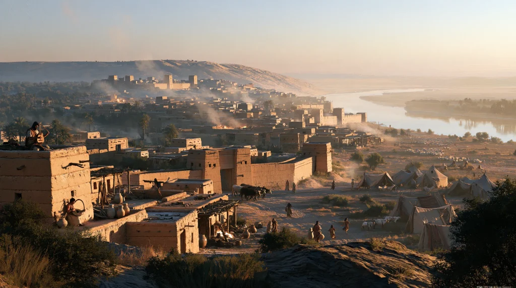 Herdsmen, a harpist and a smith work in an imagined early city, date unstated