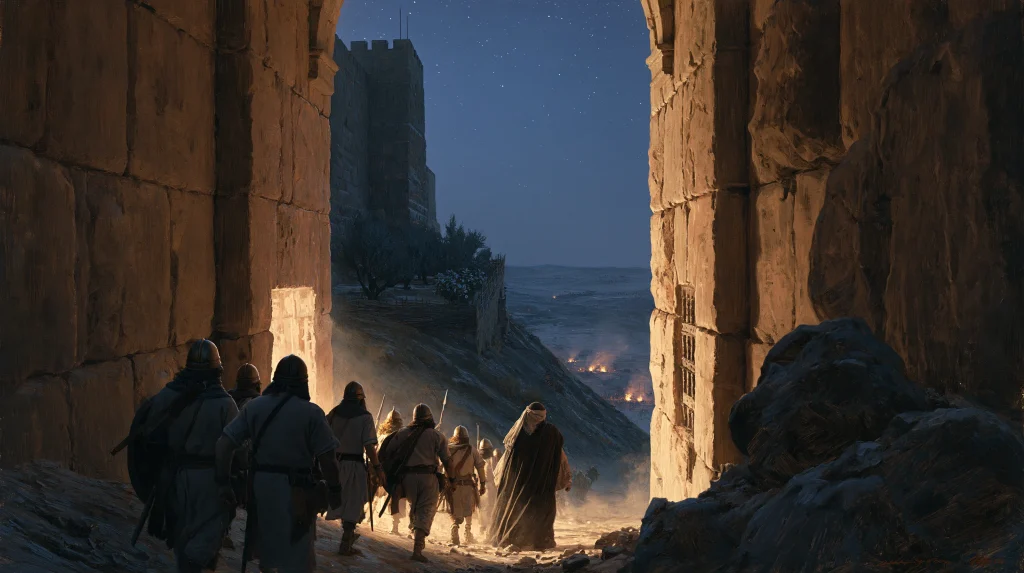 A king and armed men slip through a narrow gate between two walls, 587 BCE
