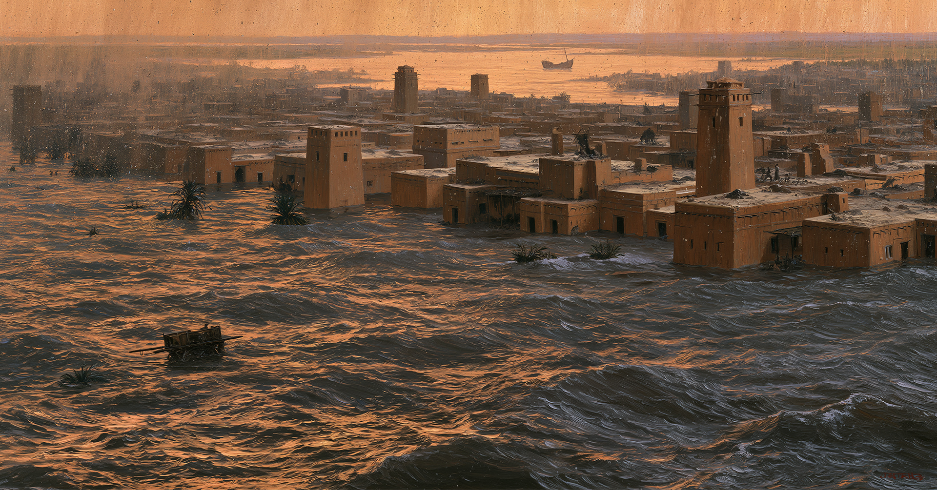 Floodwater covers an imagined sandstone city, with one small hull on the horizon, date unstated