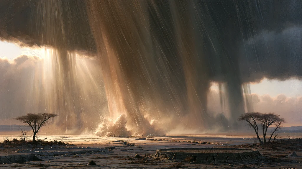 The fountains of the great deep burst from fissures in a dry plain, date unstated