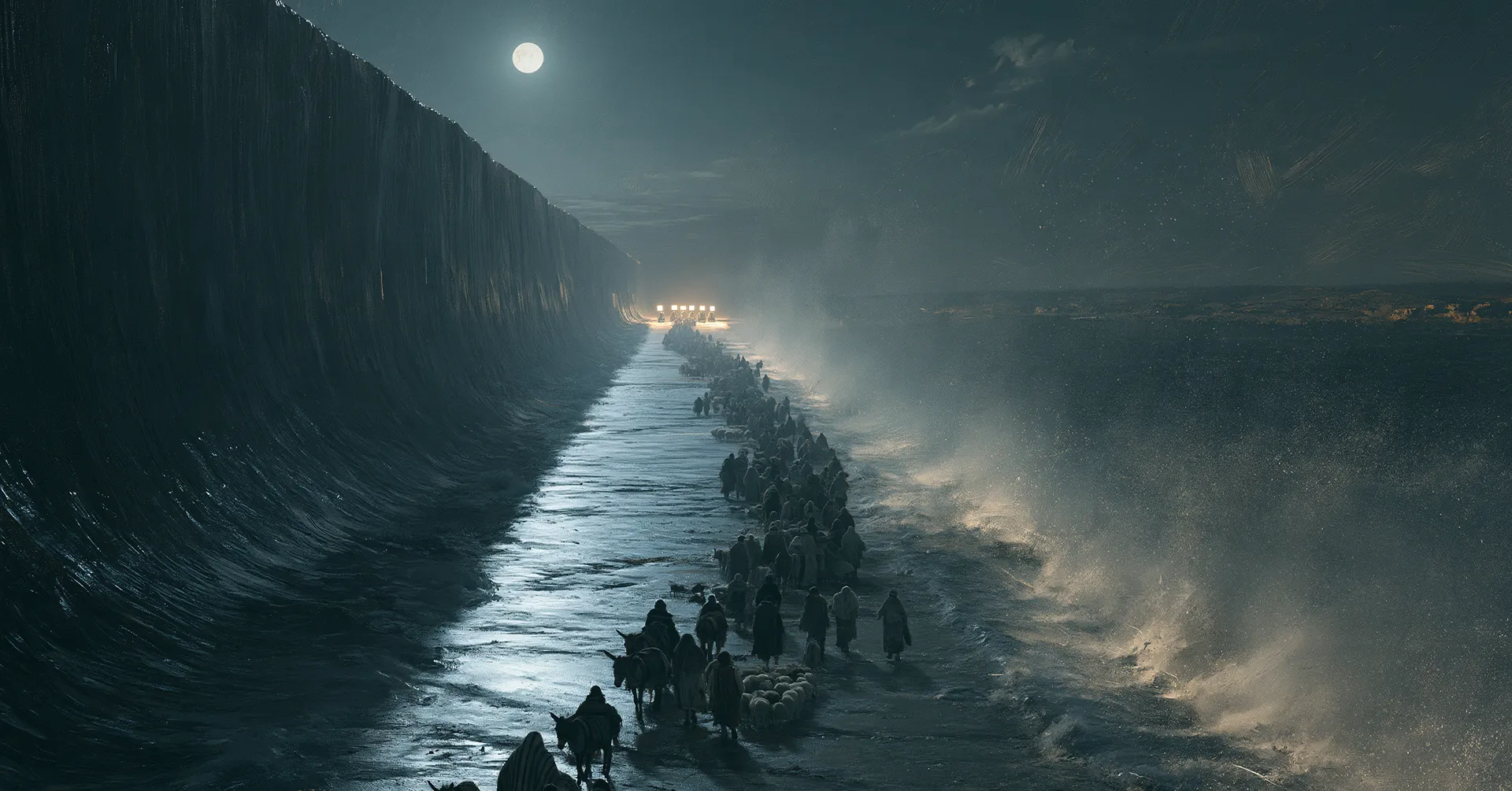 Corridor of bare wet ground between two towering dark walls of water under a moon, age of the Exodus, undated.