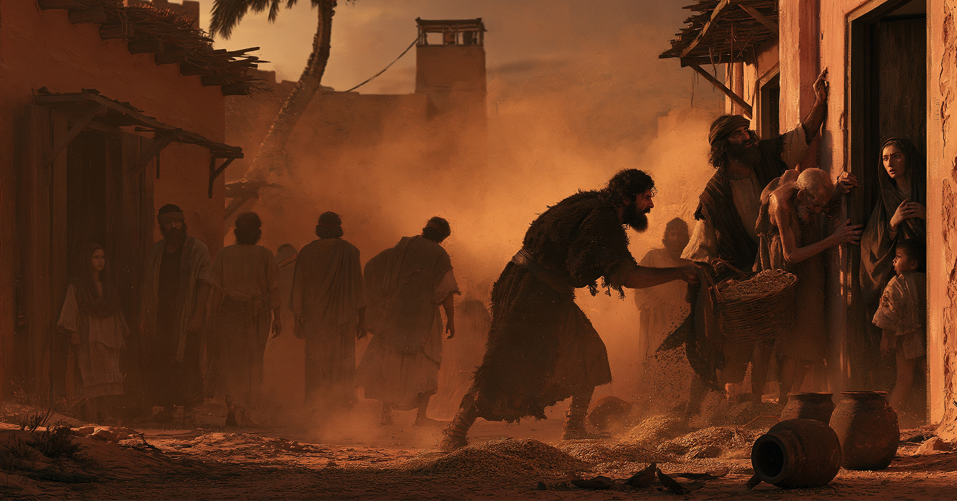 A man shoves a trader against a wall in an imagined city lane, date unstated